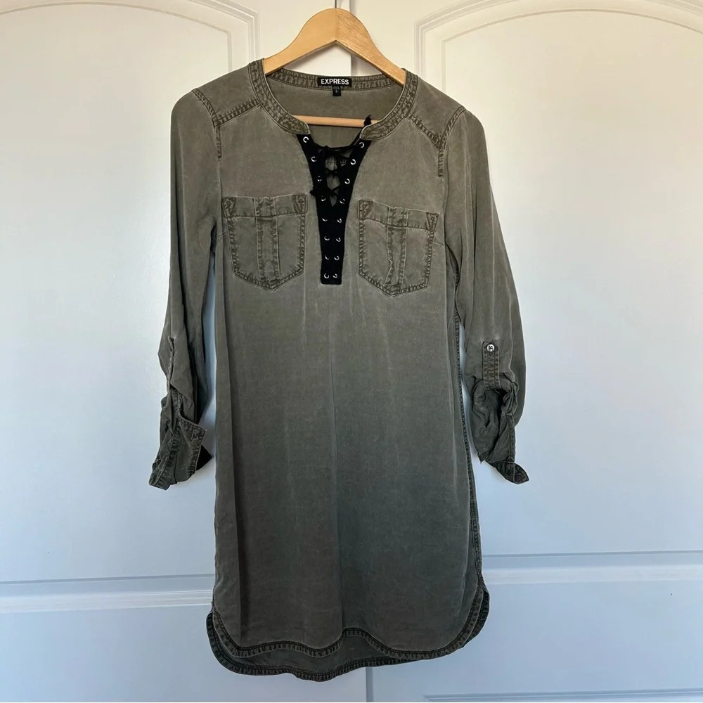 Express Women’s Olive Green Shirt Dress with Front Lace - Small.
